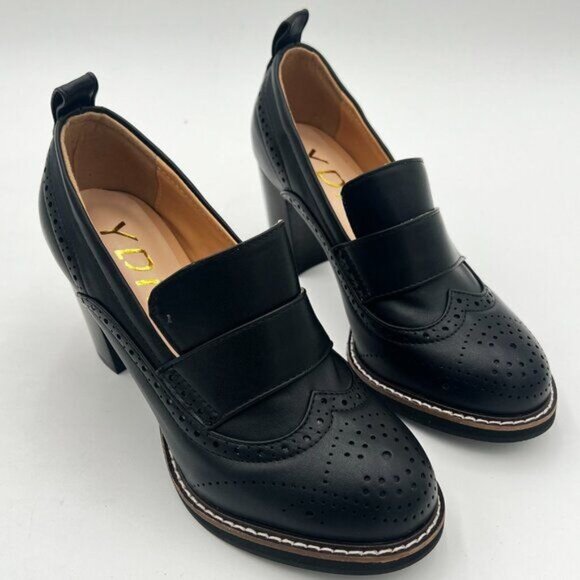 YDN Black Chunky High Heels Round Toe Oxford Loafer Shoe - Picture 4 of 6